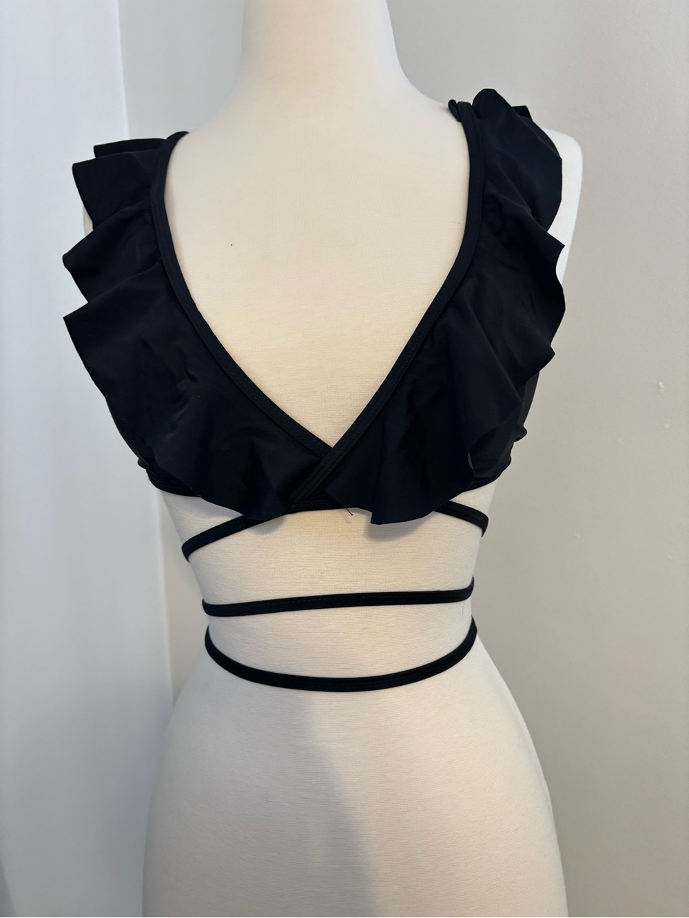 Black Ruffle Wrap Bikini Top with Strappy Wrap Ties